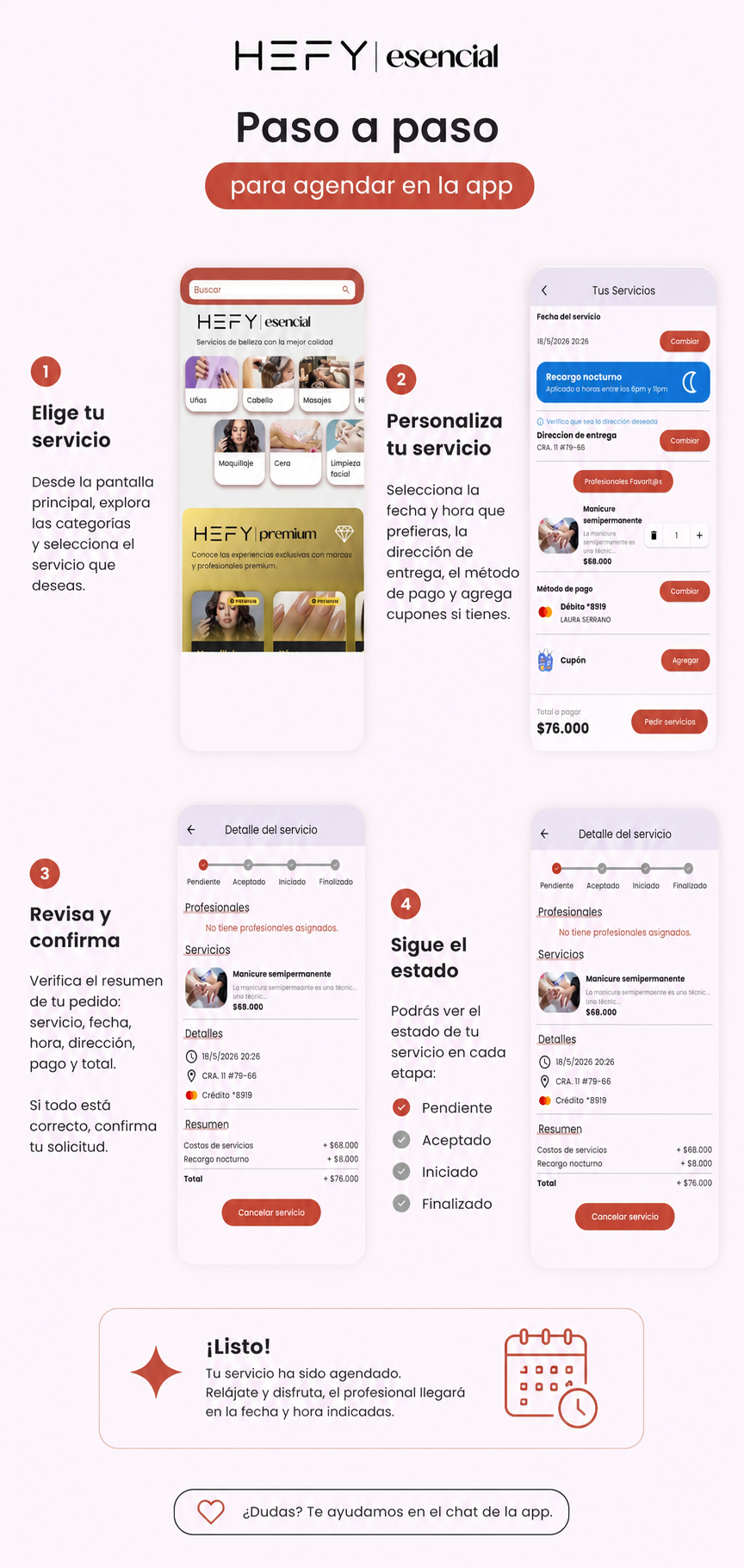 Paso a paso para agendar un servicio en la app HEFY