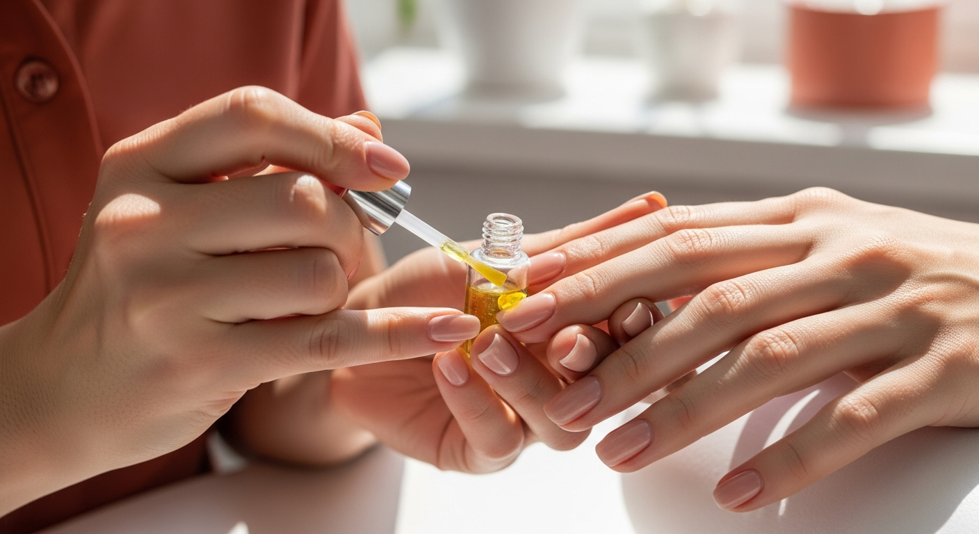 Manicurista experta de HEFY aplicando aceite de cutículas durante un servicio de manicure semipermanente a domicilio