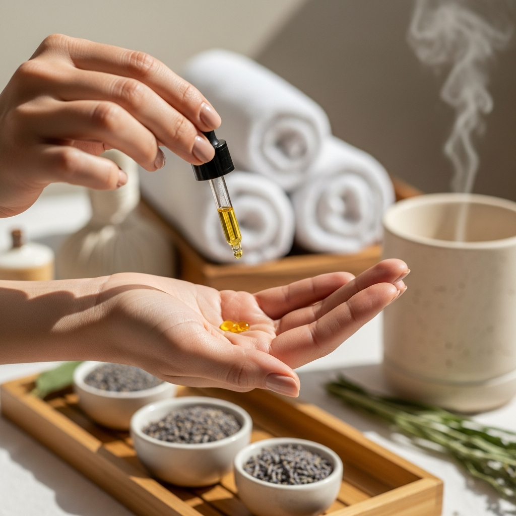 Terapeuta profesional de HEFY preparando aceites esenciales para masaje